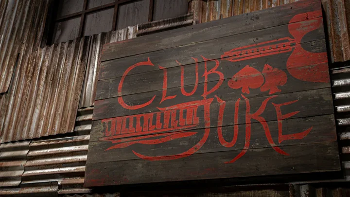 Close da fachada do letreiro Club Juke na casa assombrada Sinners do Halloween Horror Nights no Universal Orlando Resort.