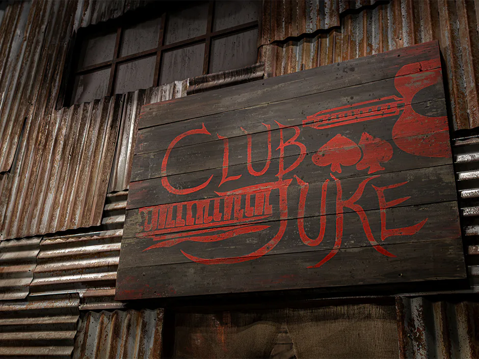 Close da fachada do letreiro Club Juke na casa assombrada Sinners do Halloween Horror Nights no Universal Orlando Resort.