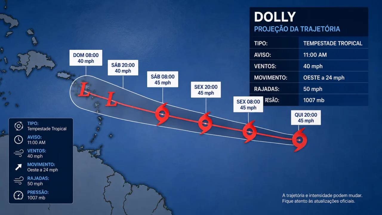 Mapa mostra a projeção da trajetória da tempestade tropical Dolly no Atlântico, com pontos de localização diária indicando seu deslocamento para oeste a 24 mph, ventos de 40 mph e rajadas de até 50 mph