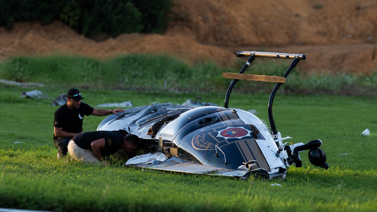 Policiais checam os destroços do helicóptero