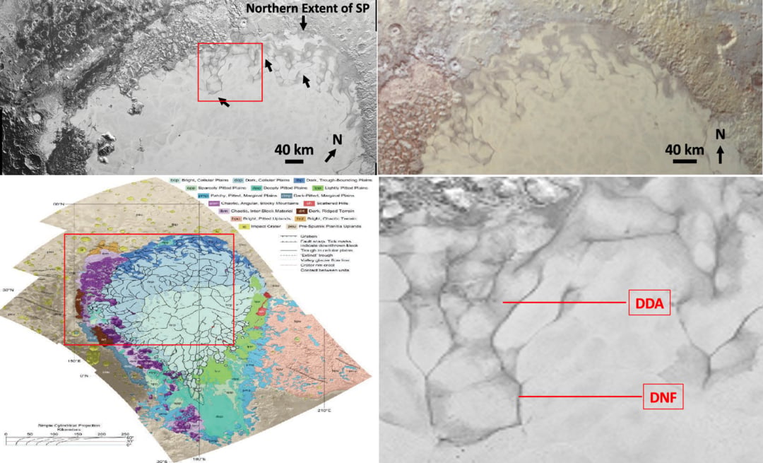 Imagens de satélite e mapas geológicos da região norte de Plutão.
