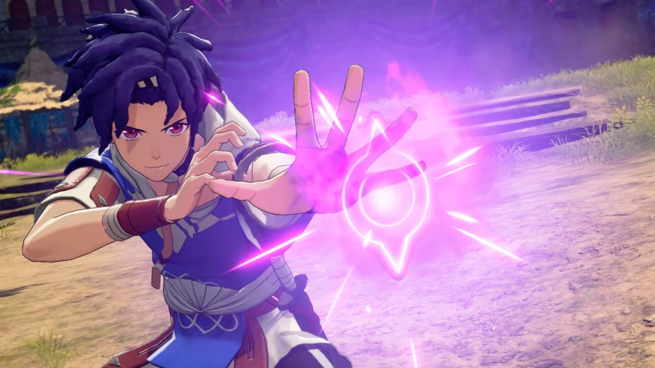 Personagem de jogo de estratégia em turnos realiza ataque mágico com energia rosa e roxa em cenário de campo aberto