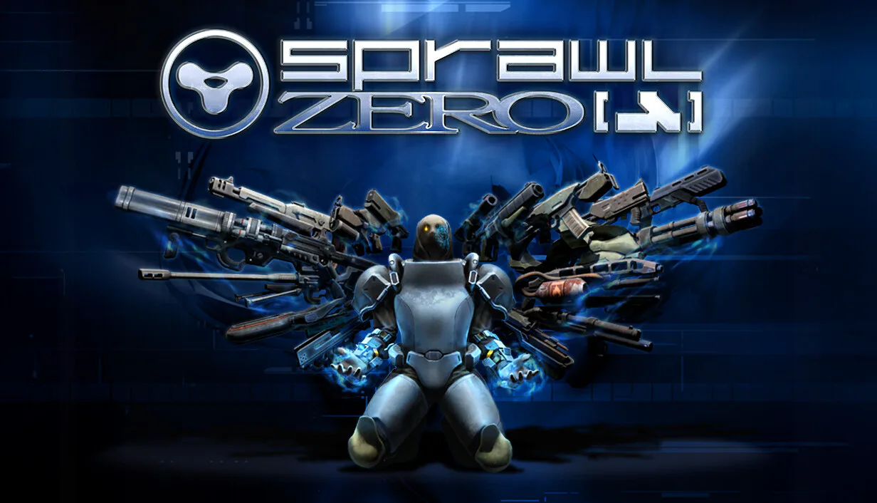 Personagem de jogo armado cercado por várias armas, com logo e título de jogo futurista em fundo azul tecnológico