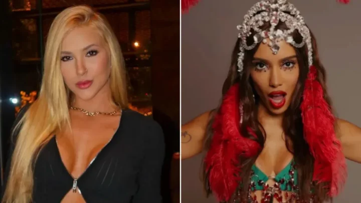 Duas mulheres em momentos diferentes: à esquerda, mulher de cabelo louro comprido e blusa preta em ambiente noturno; à direita, mulher com adereço de cristais na cabeça, envolvida em pele vermelha e blusa verde, em estúdio