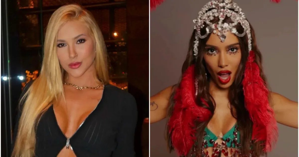 Duas mulheres em momentos diferentes: à esquerda, mulher de cabelo louro comprido e blusa preta em ambiente noturno; à direita, mulher com adereço de cristais na cabeça, envolvida em pele vermelha e blusa verde, em estúdio
