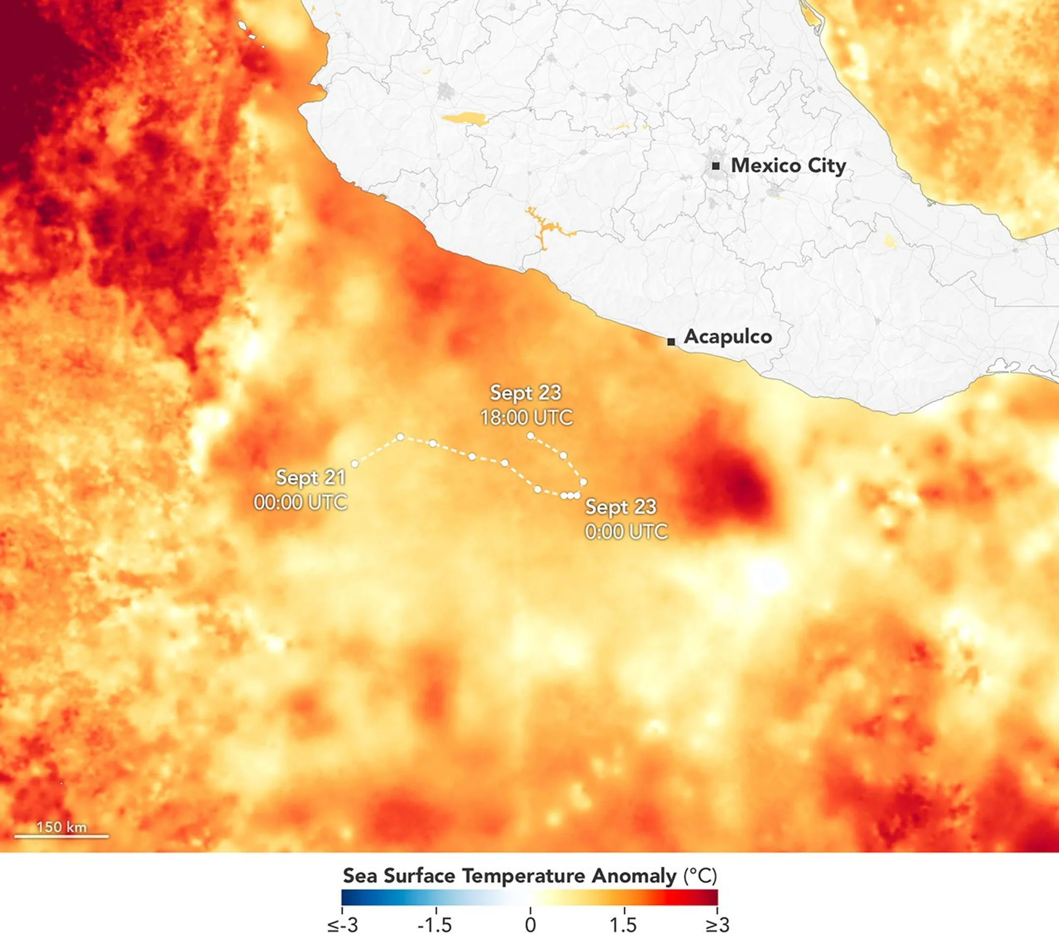 Um mapa mostra anomalias na temperatura da superfície do mar ao largo da costa do Pacífico mexicano em 23 de setembro. Áreas em vermelho escuro destacam regiões 3°C acima da norma para aquela data. Uma linha pontilhada traça o trajeto da tempestade de 20 a 23 de setembro, à medida que se deslocava por águas incomumente quentes.