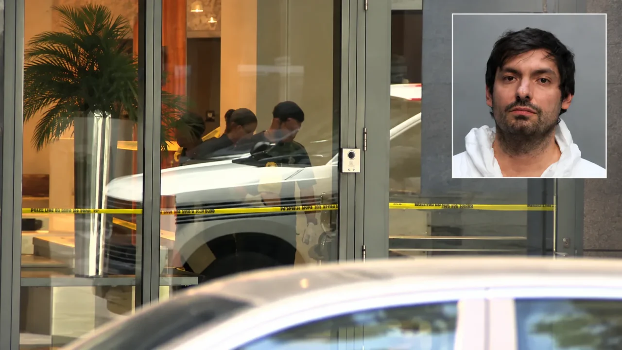 Polícia investiga cena de crime em apartamento de Brickell, com fita de isolamento visível e pessoas dentro do local; à direita, foto de identificação do suspeito