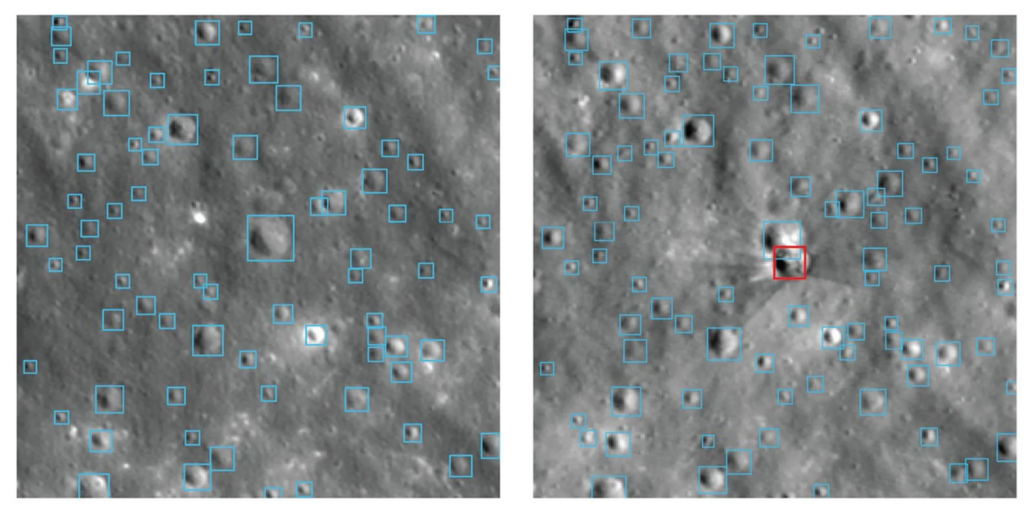Estas imagens do Lunar Reconnaissance Orbiter mostram a superfície da Lua perto da cratera Einstein antes (esquerda) e depois (direita) do impacto de um corpo de foguete da SpaceX. O Modelo de Fundação Lunar NASA-IBM detectou crateras existentes (contornos em azul) e destacou a cratera de impacto recém-formada (caixa em vermelho). Como a imagem pós-impacto foi excluída do pré-treinamento, este teste demonstra como o modelo pode ser ajustado para reconhecer novas alterações na superfície entre observações. Essa abordagem pode ajudar os cientistas a detectar automaticamente impactos naturais e mudanças na superfície em vastos conjuntos de dados lunares, embora as condições de iluminação variáveis entre as órbitas possam influenciar a visibilidade de crateras menores.