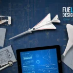 2026-2027 Ilustração conceitual do artista para o Desafio de Engenharia para o Ensino Médio DWU mostrando uma planta baixa ao fundo com o Wright Flyer dos irmãos Wright, o X-59 e uma aeronave BWB em cima. Há também um recipiente de gás GNL, um iPad mostrando análise de combustível e desenhos do BWB