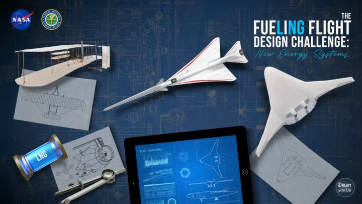 2026-2027 Ilustração conceitual do artista para o Desafio de Engenharia para o Ensino Médio DWU mostrando uma planta baixa ao fundo com o Wright Flyer dos irmãos Wright, o X-59 e uma aeronave BWB em cima. Há também um recipiente de gás GNL, um iPad mostrando análise de combustível e desenhos do BWB