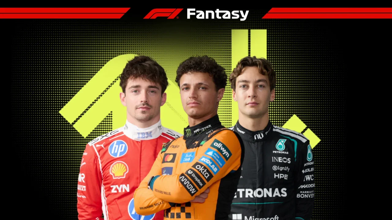Três pilotos de Fórmula 1 em trajes de corrida de suas respectivas equipes, posicionados contra fundo amarelo e preto com logo da F1 Fantasy