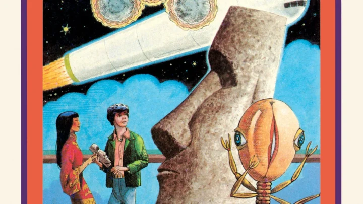 Ilustração de capa de livro de ficção científica mostrando duas pessoas observando uma criatura alienígena em um planeta, com nave espacial e satélites ao fundo