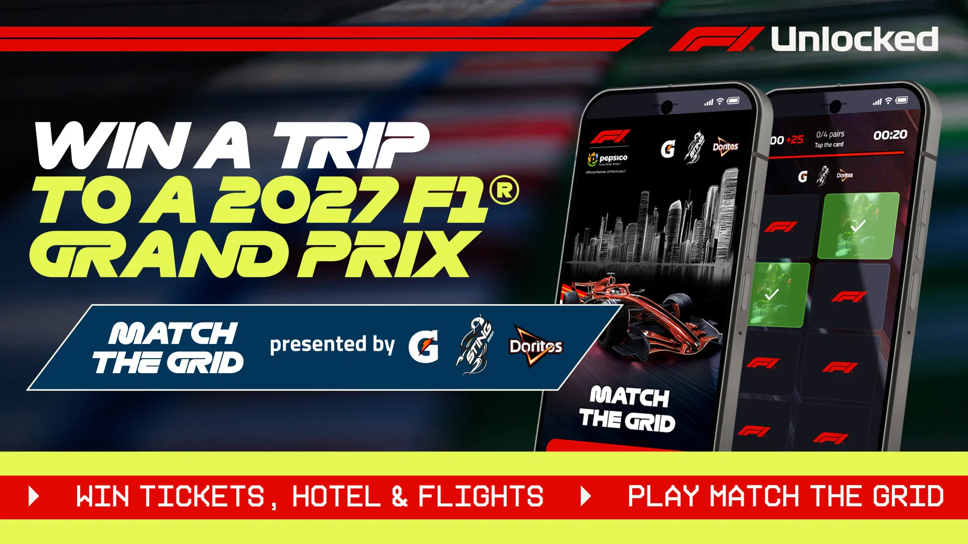 Dois smartphones exibem a interface do jogo Match the Grid, com imagens de carros de Fórmula 1 e skyline de cidade, promovendo concurso que oferece viagem a Grand Prix de 2027