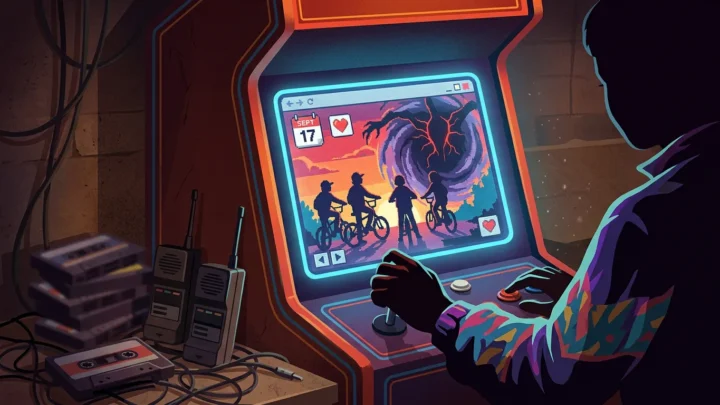 Ilustração: Pessoa com tatuagem colorida joga em máquina de arcade retrô com moldura neon laranja e azul, exibindo cena de crianças em bicicletas contra céu avermelhado