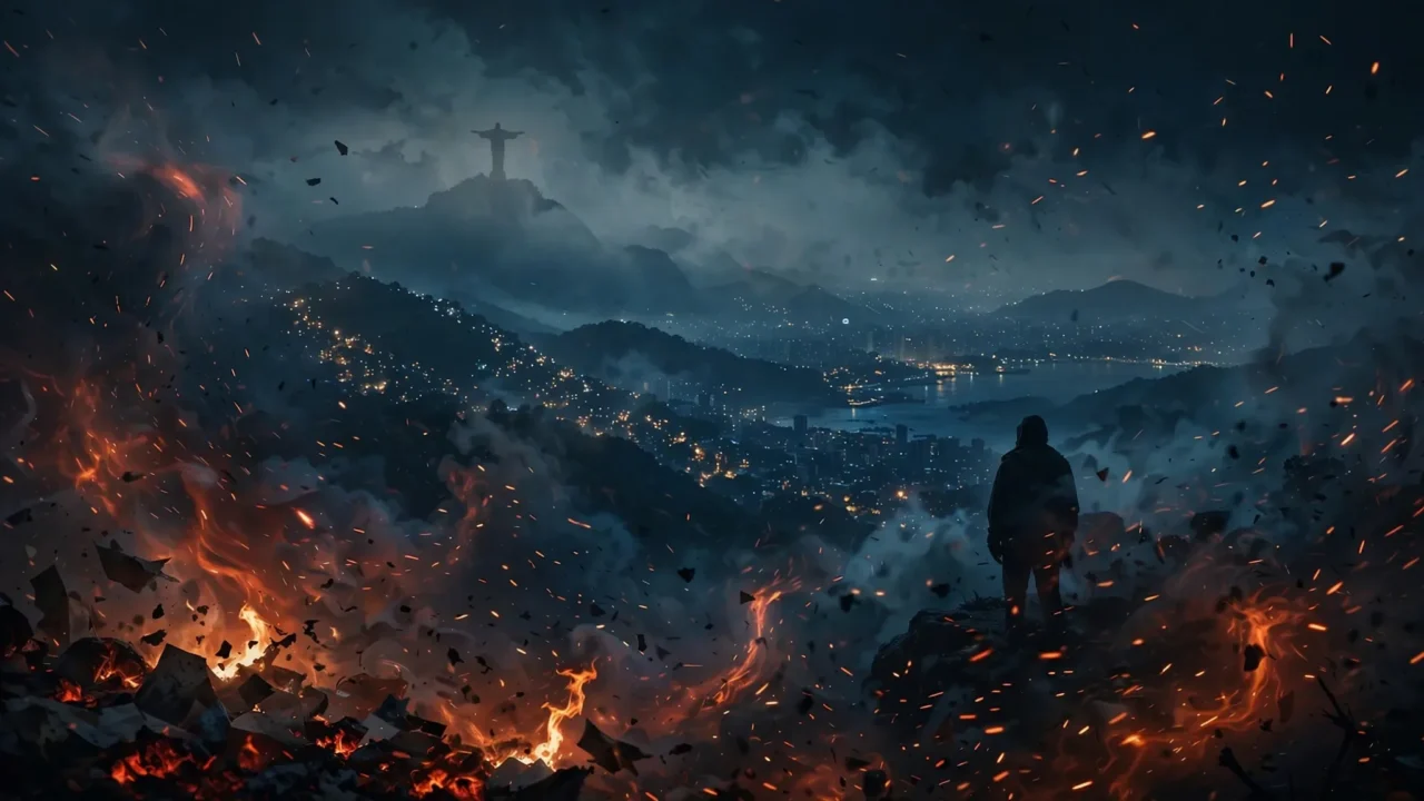 Figura solitária observa cidade iluminada à noite entre chamas e destroços, com monumento religioso ao fundo sob céu tempestuoso