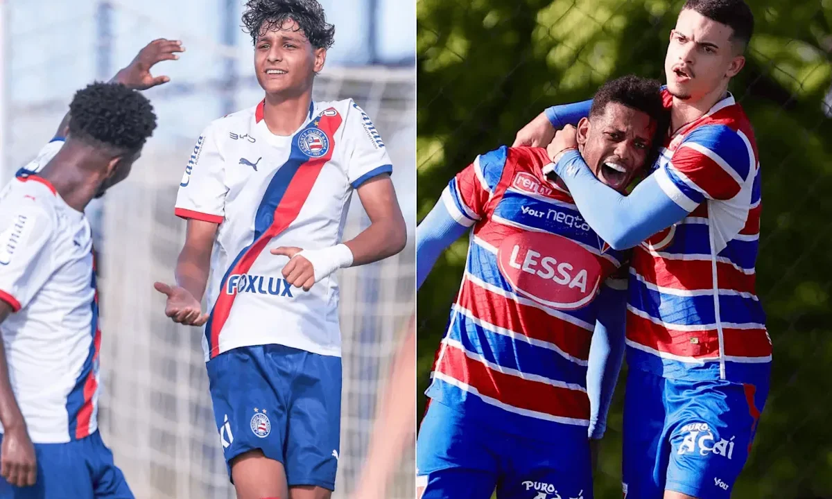 Jogadores de times diferentes celebram momentos em campo durante a Copa do Nordeste sub-20 masculina, com uniformes em cores azul, branco e vermelho