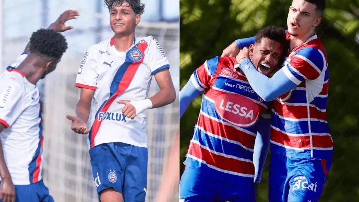 Jogadores de times diferentes celebram momentos em campo durante a Copa do Nordeste sub-20 masculina, com uniformes em cores azul, branco e vermelho