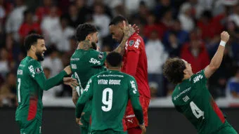 Jogadores do Palmeiras comemoram a vitória nos pênaltis contra o LDU pela Copa Libertadores