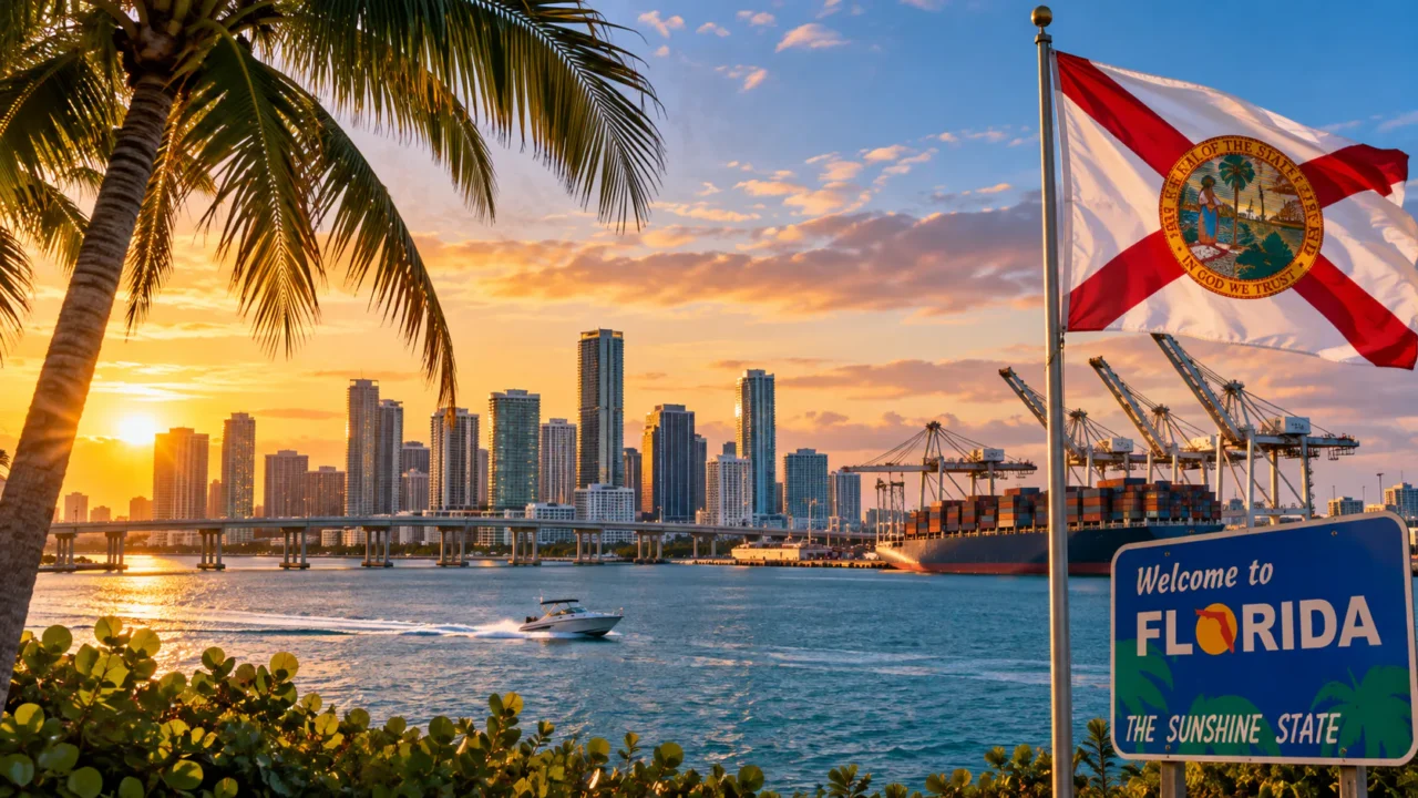 Skyline de Miami ao pôr do sol: a economia da Flórida atingiu US$ 1,835 trilhão em 2025 e já equivale a cerca de 80% do PIB brasileiro