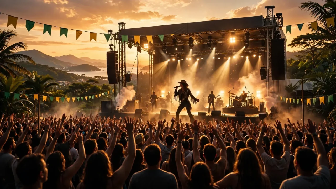 Ilustração: grande palco ao ar livre com apresentação de show musical ao pôr do sol, cercado por multidão com as mãos levantadas, bandeiras decorativas em verde e amarelo, e paisagem de montanhas e água ao fundo