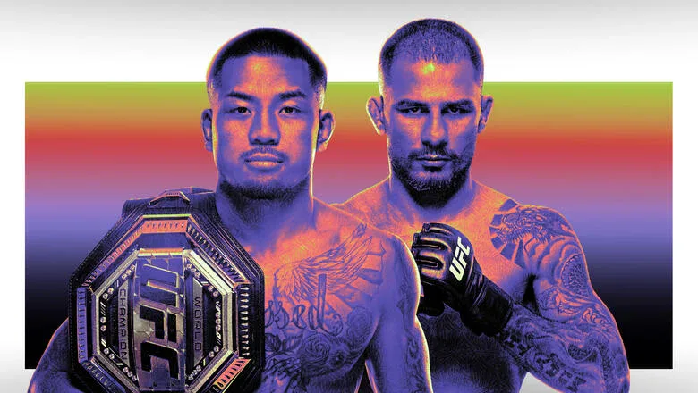Dois lutadores de artes marciais posam para foto promocional com luvas de combate e fundo gradiente em tons de roxo, rosa e laranja, com cinturão do UFC em destaque