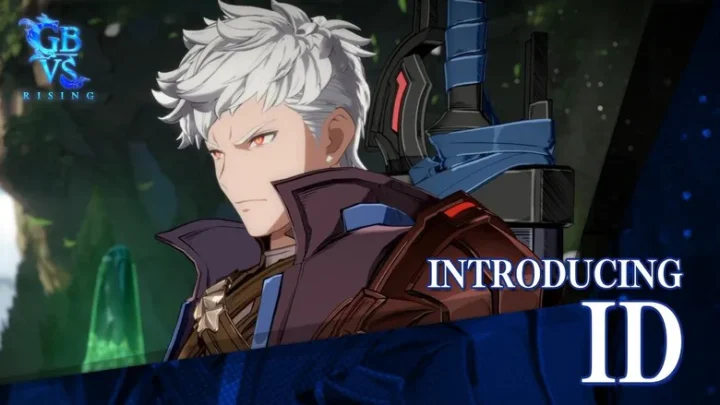 Personagem animado com cabelo branco, olhos vermelhos e armadura azul e marrom, apresentado em vídeo de guia do jogo de luta Granblue Fantasy Versus: Rising