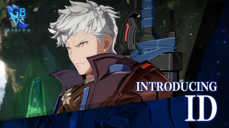 Personagem animado com cabelo branco, olhos vermelhos e armadura azul e marrom, apresentado em vídeo de guia do jogo de luta Granblue Fantasy Versus: Rising