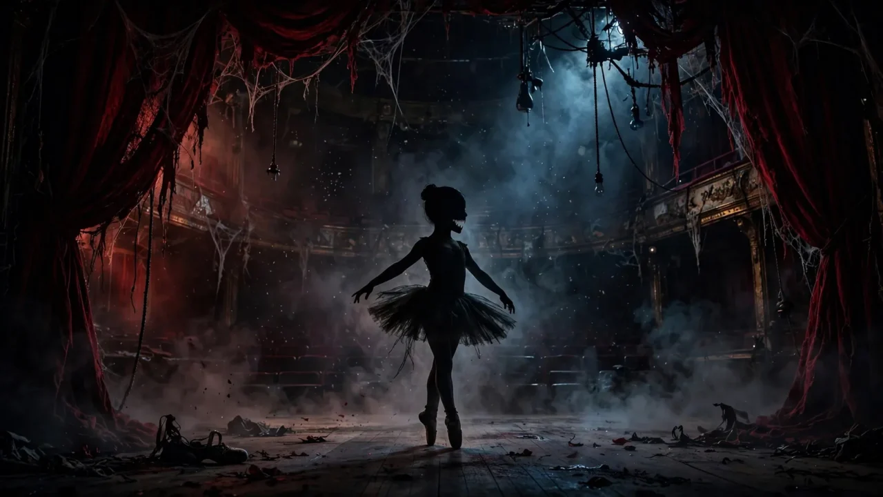 Ilustração: figura silhuetada em posição de dança em palco de teatro abandonado com cortinas vermelhas, teias de aranha e atmosfera sombria