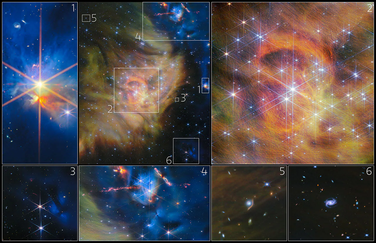 Esta colagem apresenta uma coleção de recortes da imagem do Telescópio Espacial James Webb da NASA da região de formação estelar IC 348: estrelas embutidas, um aglomerado estelar central, fluxos de saída fracos, objetos Herbig-Haro, lentes gravitacionais e galáxias espirais.