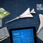 Ilustração conceitual de artista para o Desafio de Design Abastecendo o Voo mostrando um projeto ao fundo de um aeroporto 3D, o X-59 e uma aeronave BWB em primeiro plano.