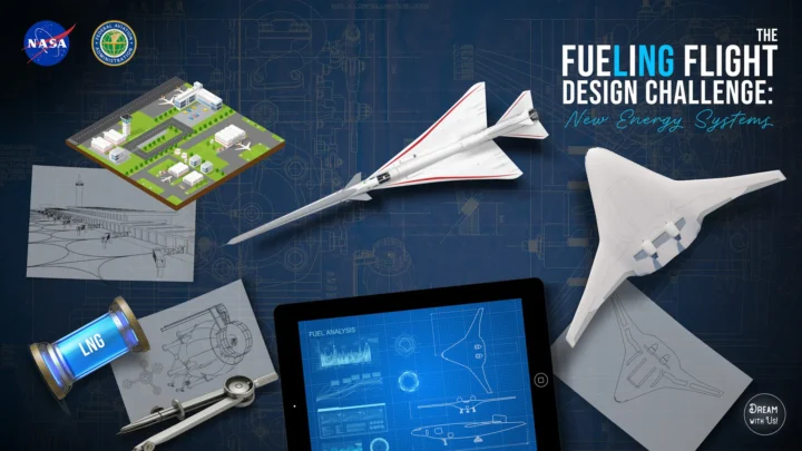 Ilustração conceitual de artista para o Desafio de Design Abastecendo o Voo mostrando um projeto ao fundo de um aeroporto 3D, o X-59 e uma aeronave BWB em primeiro plano.