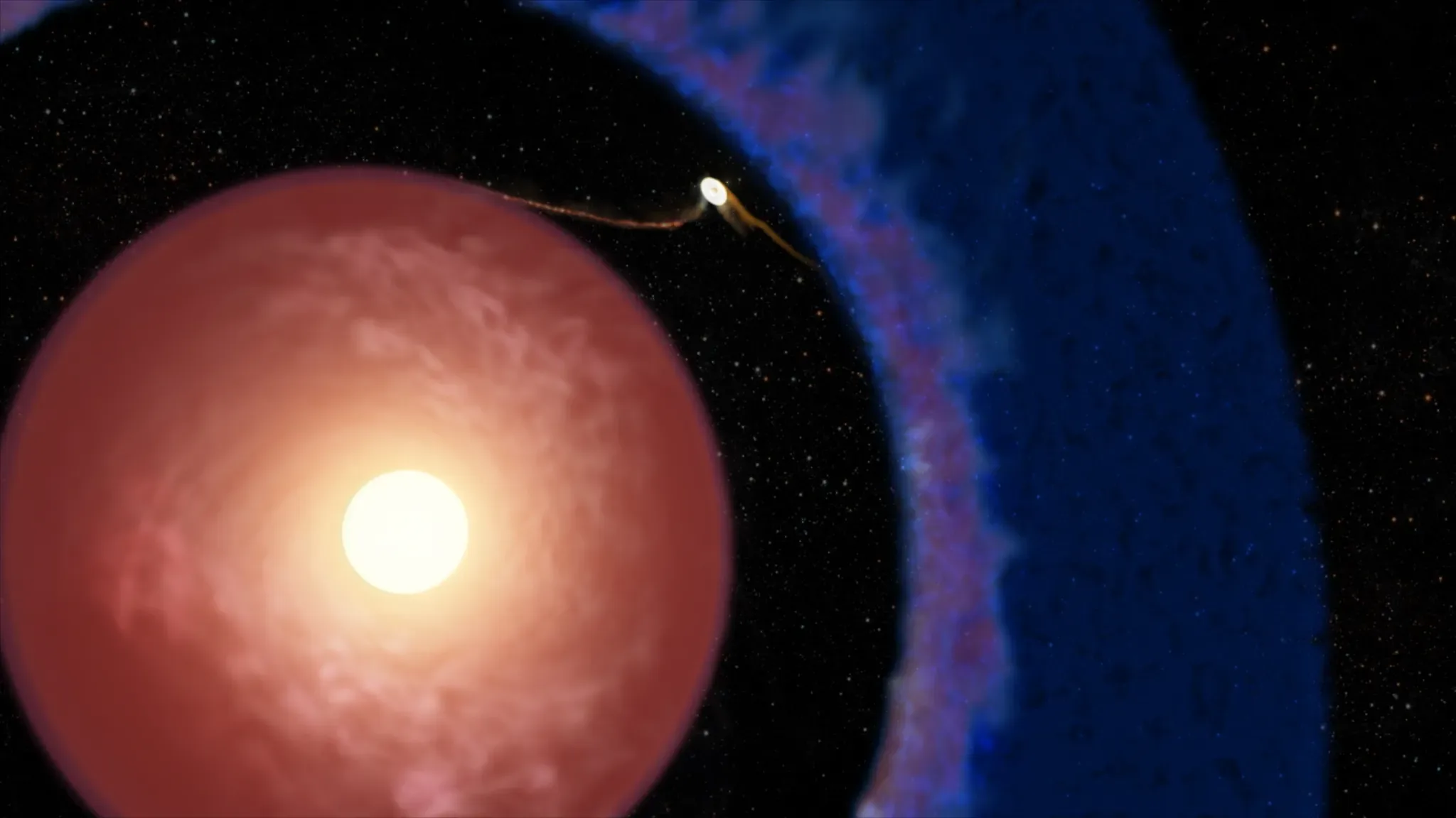 Concepção artística mostrando Elias 2-24 b, o exoplaneta mais jovem detectado até hoje, ainda crescendo dentro do disco de gás e poeira que envolve sua jovem estrela hospedeira. Material do disco está sendo ativamente acretado pelo planeta de massa semelhante à de Júpiter, que se encontra dentro de um vão proeminente no disco, apoiando a teoria dominante de formação de planetas gigantes.