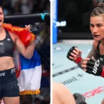 Duas atletas de MMA do UFC em momentos de luta: à esquerda, uma lutadora celebra vitória com bandeira; à direita, outra atleta em posição de combate dentro do octógono