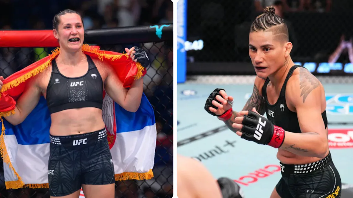 Duas atletas de MMA do UFC em momentos de luta: à esquerda, uma lutadora celebra vitória com bandeira; à direita, outra atleta em posição de combate dentro do octógono