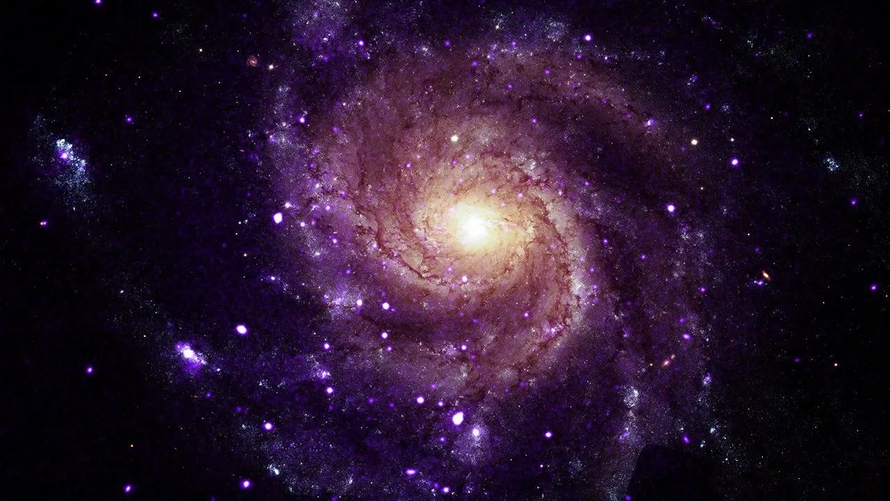 Estas imagens da galáxia espiral vista de frente M101 mostram dados de raios X do Chandra e uma imagem óptica do Telescópio Espacial Hubble.