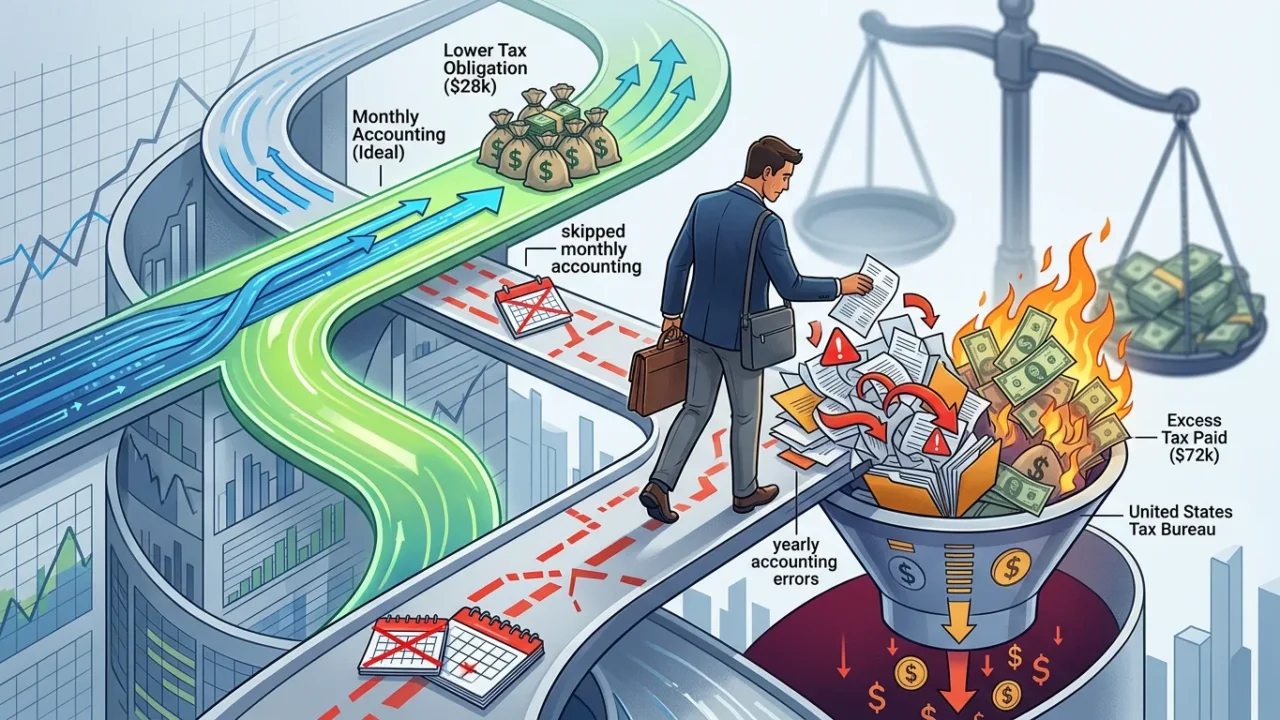 Ilustração: homem de negócios em uma trajetória visual que mostra consequências de erros contábeis, desde obrigações fiscais menores até excesso de impostos pagos à Receita Federal dos EUA, com documentos, dinheiro em chamas e uma balança da justiça ao fundo