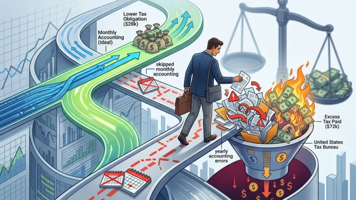 Ilustração: homem de negócios em uma trajetória visual que mostra consequências de erros contábeis, desde obrigações fiscais menores até excesso de impostos pagos à Receita Federal dos EUA, com documentos, dinheiro em chamas e uma balança da justiça ao fundo