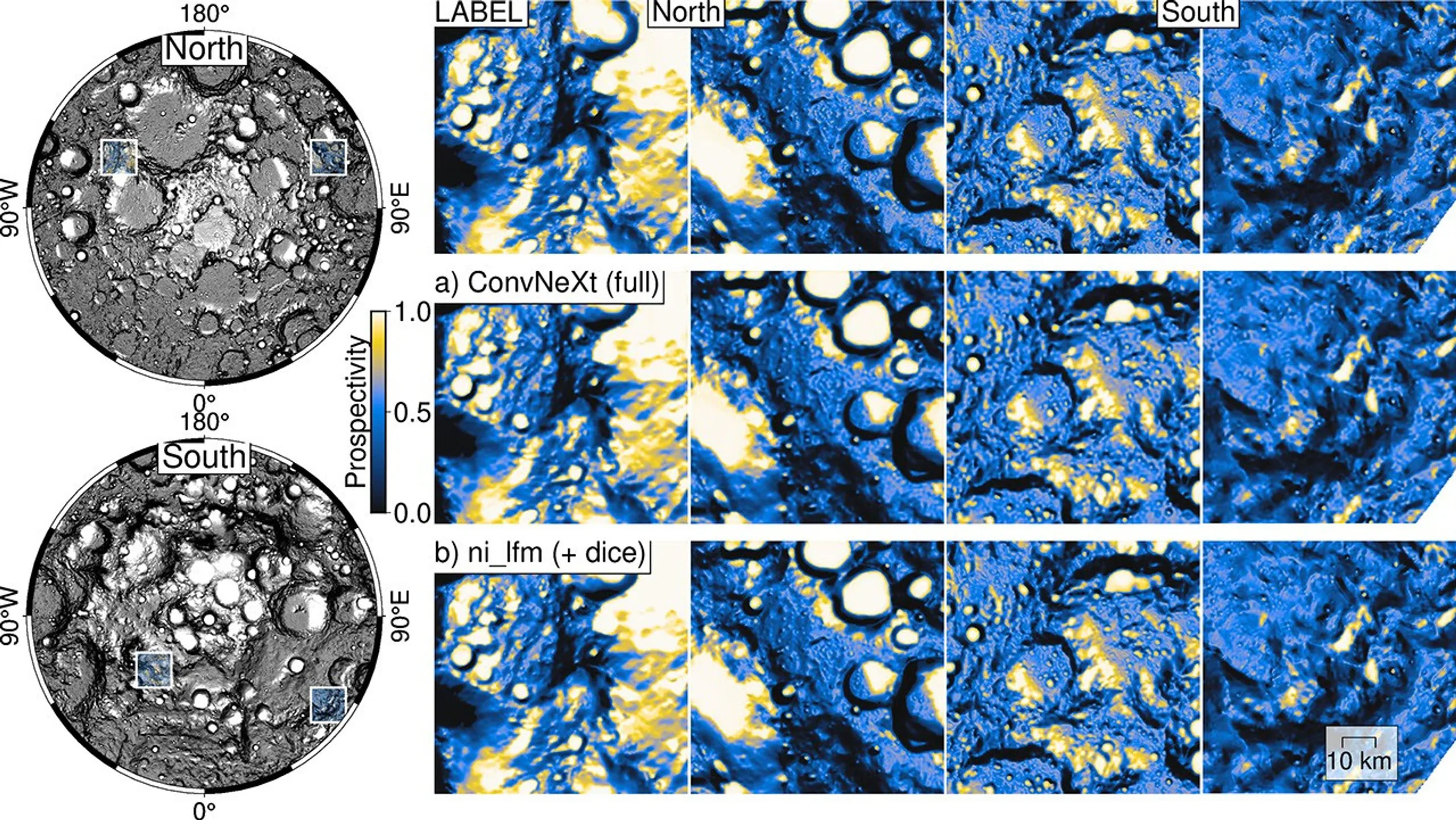 O modelo NASA-IBM reproduz padrões de potencial de gelo lunar (em escala de azul a amarelo), mostrados em quatro locais (à esquerda) perto do polo da Lua. Linha superior: mapa de referência do potencial de gelo de Mons Mouton, perto do polo sul lunar; linha do meio: previsões do modelo ConvNeXt; linha inferior: previsões do modelo NASA-IBM. O modelo NASA-IBM preserva muitos padrões de potencial em escala fina presentes nos dados de referência.