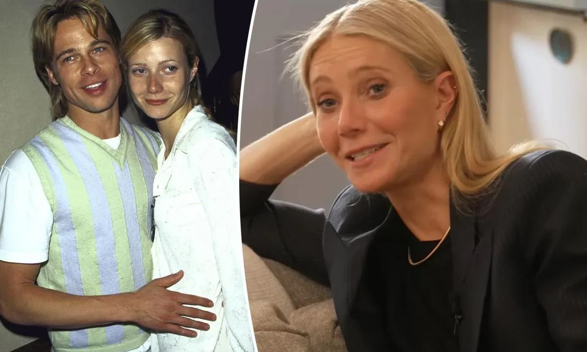 Mulher de cabelo louro fala durante entrevista em ambiente interno, enquanto ao fundo aparecem fotos de arquivo de um casal dos anos 1990