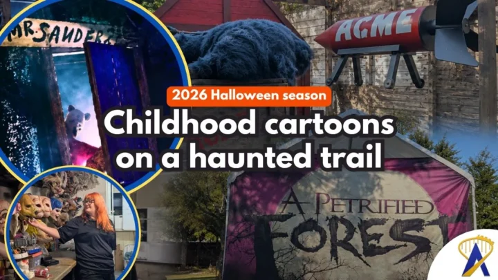 Atração de Halloween em Orlando transforma personagens de desenhos animados em cenas assustadoras, com réplicas de cenários clássicos e figuras perturbadoras espalhadas por trilha temática