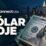 Arte Dólar hoje da TV Connect USA, com uma nota de cem dólares e o horizonte de Nova York