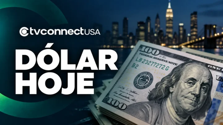 Arte Dólar hoje da TV Connect USA, com uma nota de cem dólares e o horizonte de Nova York