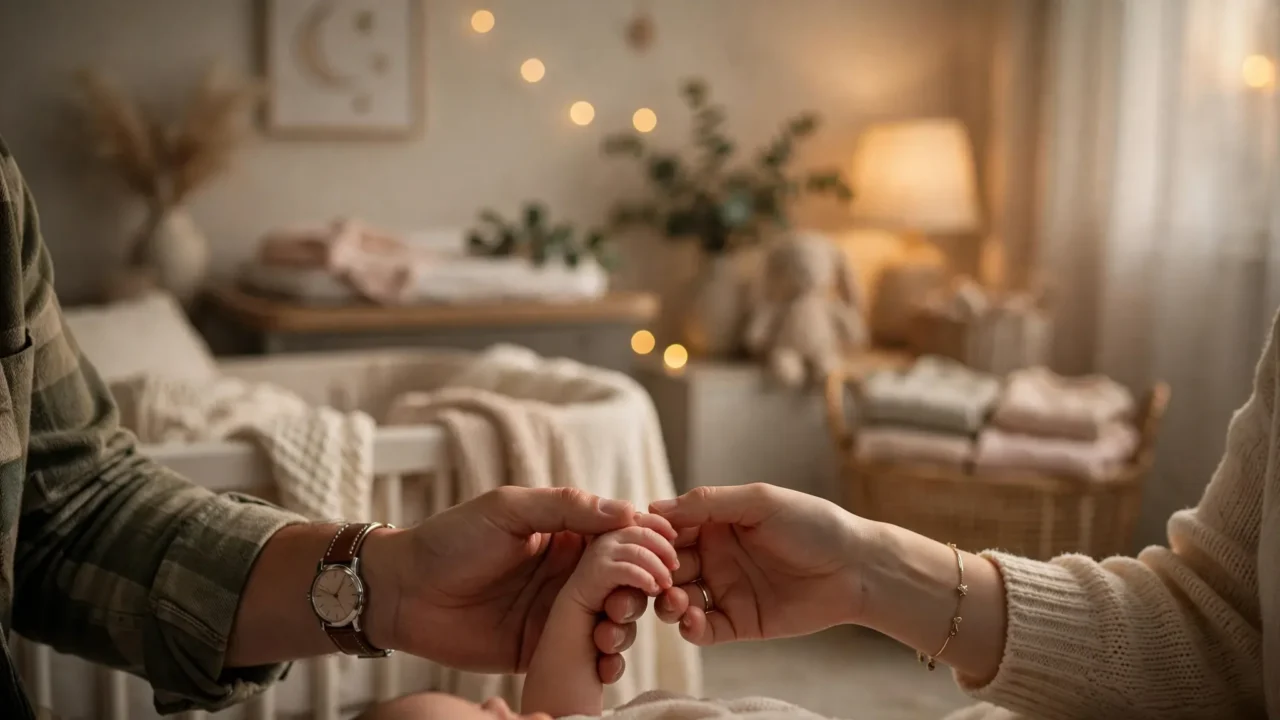 Duas pessoas de mãos dadas em ambiente aconchegante decorado com luzes e plantas, em cena que remete a momento íntimo