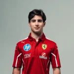 Jovem piloto de F2 posa para foto de apresentação usando uniforme vermelho de equipe com patrocinadores