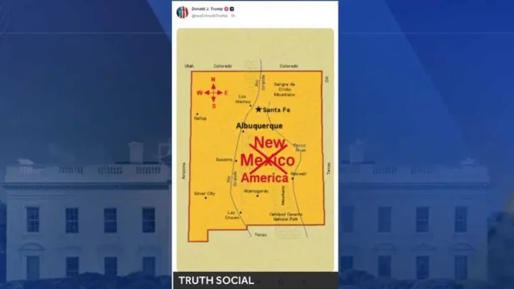 Mapa do estado de Novo México com o nome da região sobrescrito por "New Mexico America", compartilhado em rede social