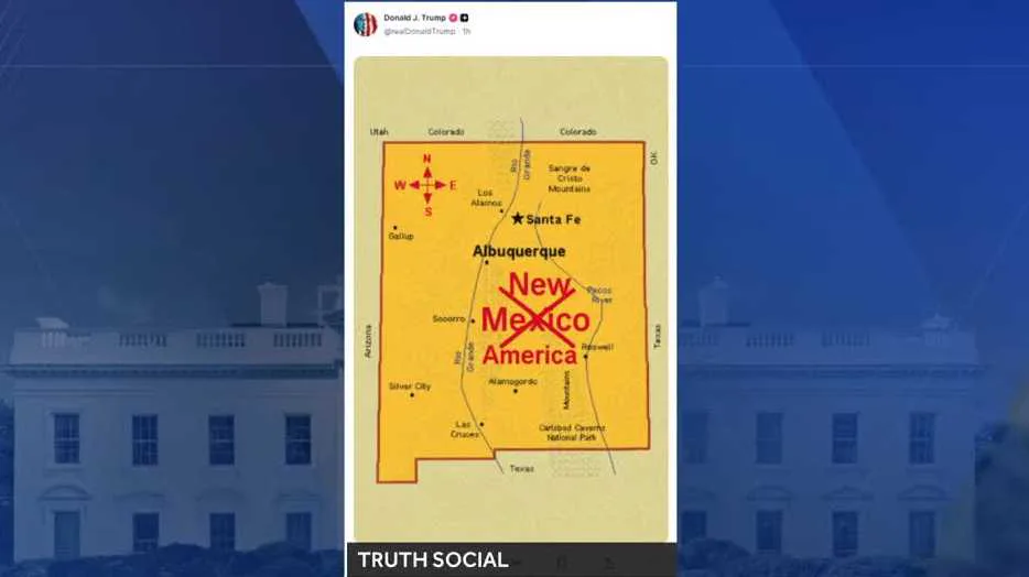 Mapa do estado de Novo México com o nome da região sobrescrito por "New Mexico America", compartilhado em rede social