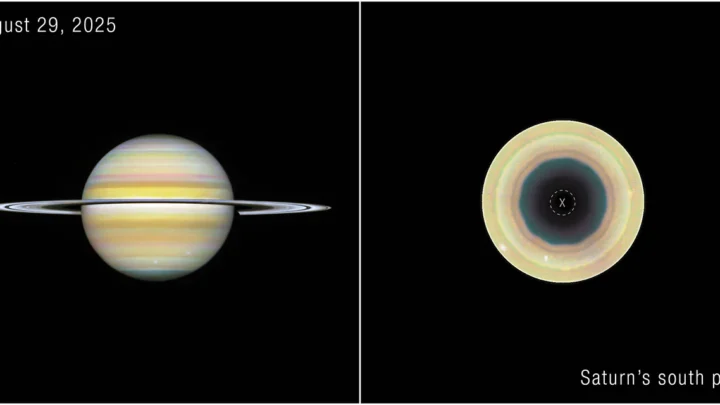 Imagem de telescópio espacial mostrando Saturno em duas perspectivas: visão lateral com seus anéis e visão frontal do pólo sul, onde astrônomos detectaram uma onda atmosférica com 10 lados que se estende por múltiplas camadas da atmosfera do planeta