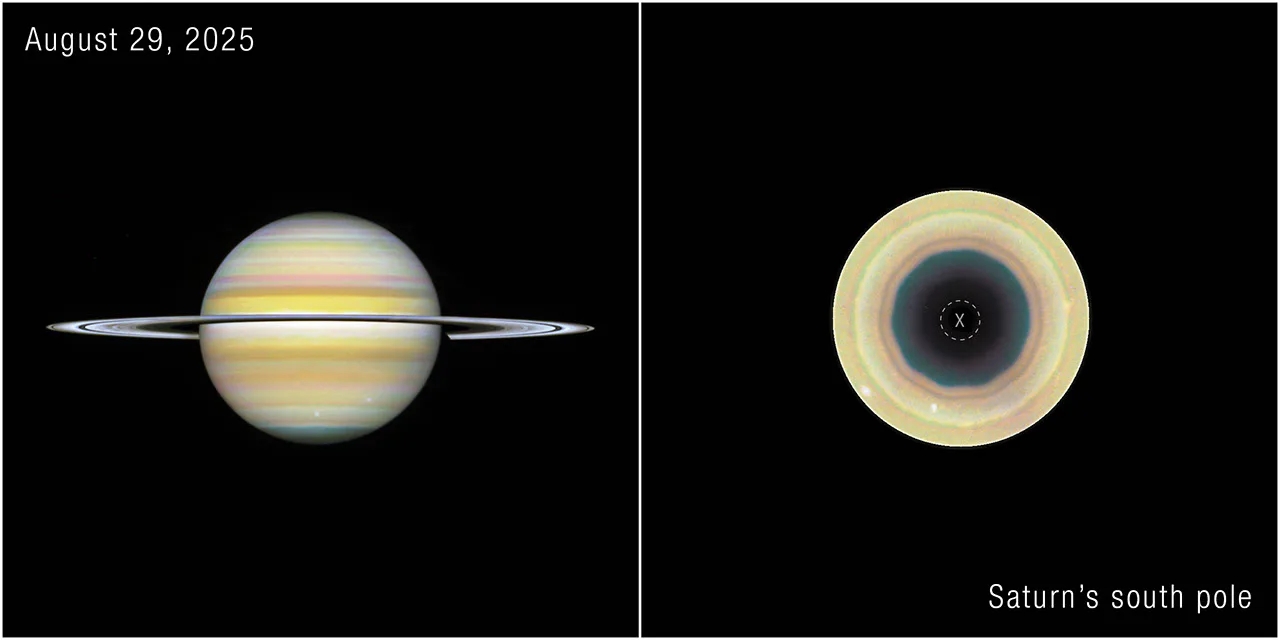 Imagem de telescópio espacial mostrando Saturno em duas perspectivas: visão lateral com seus anéis e visão frontal do pólo sul, onde astrônomos detectaram uma onda atmosférica com 10 lados que se estende por múltiplas camadas da atmosfera do planeta