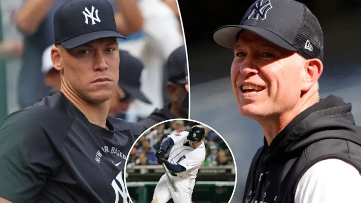Montagem com imagens de integrantes da organização dos Yankees: técnico de rebatidas observando treino e jogador durante jogo, além de foto histórica de atleta em ação