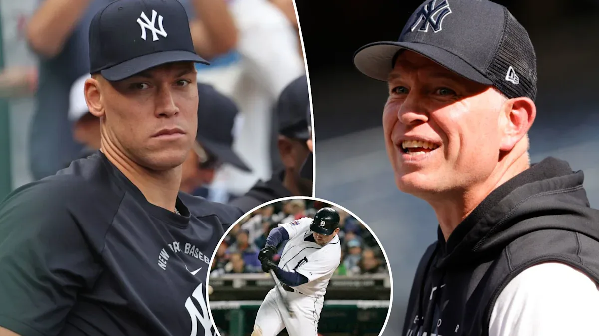 Montagem com imagens de integrantes da organização dos Yankees: técnico de rebatidas observando treino e jogador durante jogo, além de foto histórica de atleta em ação